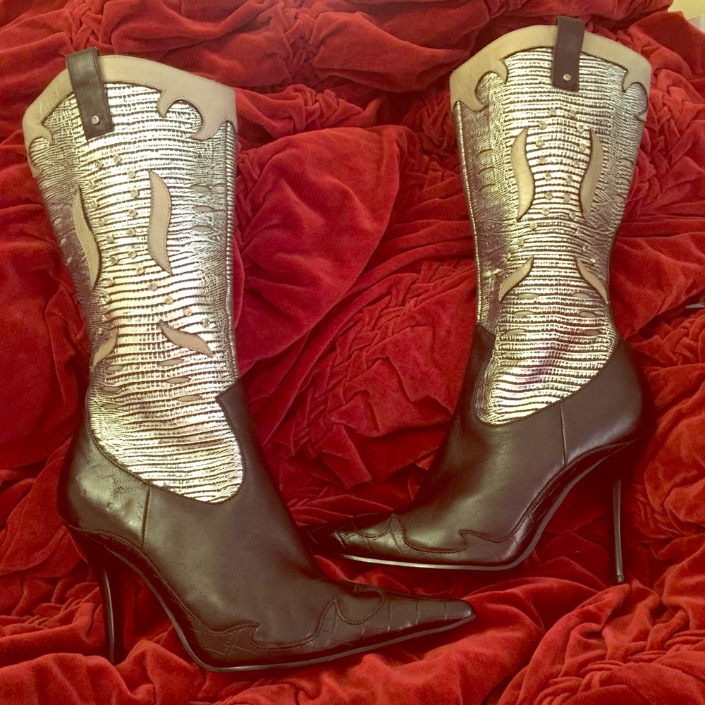 Glamorous black and silver stiletto boots